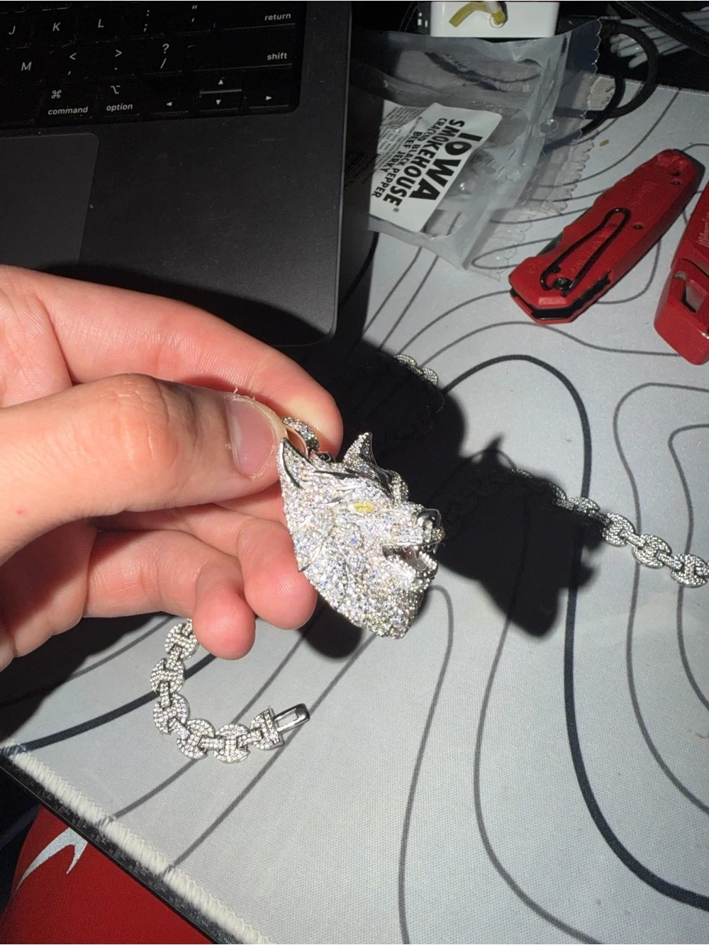 Stamped 925 Silver Wolf Head Pendant w/ Heavy Iced Link Chain